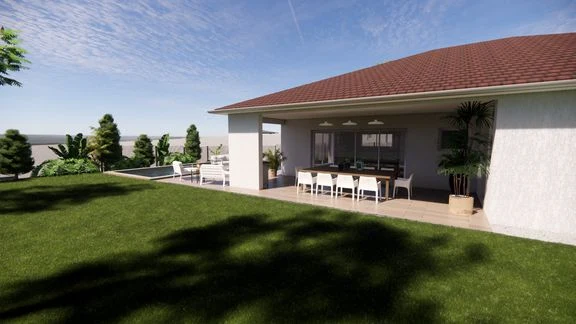 Variante de maison avec terrasse et jardin autour d’une piscine
