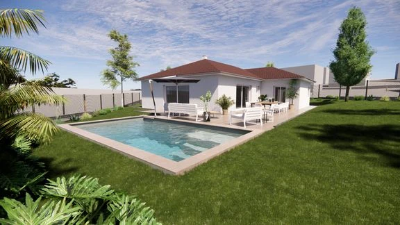 Variante de maison avec terrasse et jardin autour d’une piscine