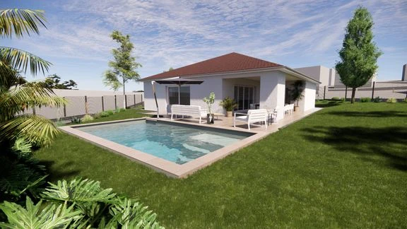 Variante de maison avec terrasse et jardin autour d’une piscine