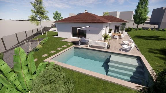 Variante de maison avec terrasse et jardin autour d’une piscine
