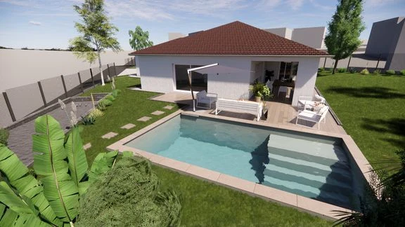 Variante de maison avec terrasse et jardin autour d’une piscine