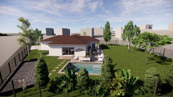 Variante de maison avec terrasse et jardin autour d’une piscine