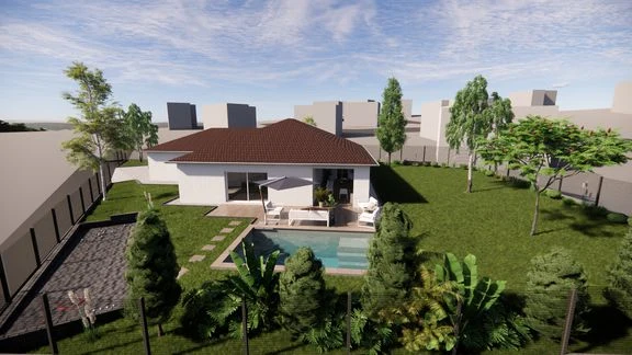Variante de maison avec terrasse et jardin autour d’une piscine