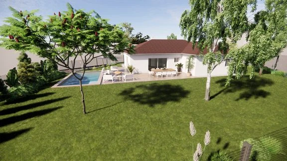 Variante de maison avec terrasse et jardin autour d’une piscine
