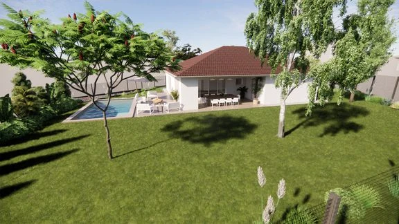 Variante de maison avec terrasse et jardin autour d’une piscine