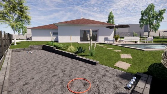 Variante de maison avec terrasse et jardin autour d’une piscine