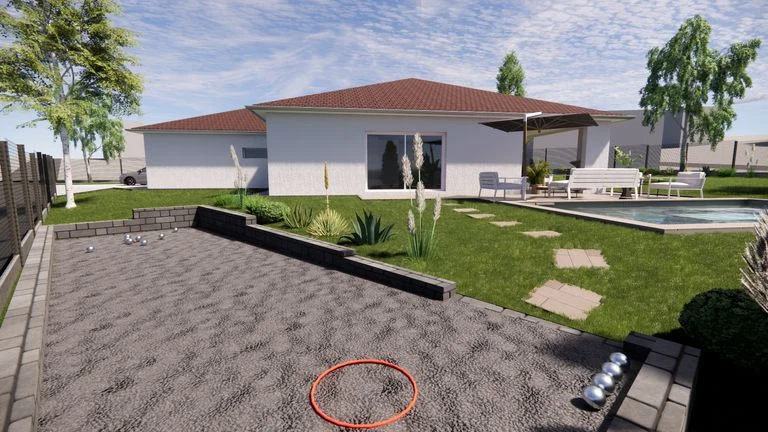 Variante de maison avec terrasse et jardin autour d’une piscine