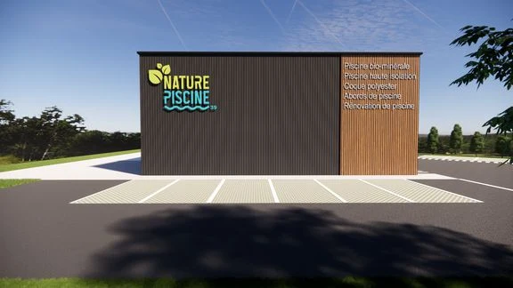 Bâtiment professionnel à bardage sombre et bois, avec accès et stationnement