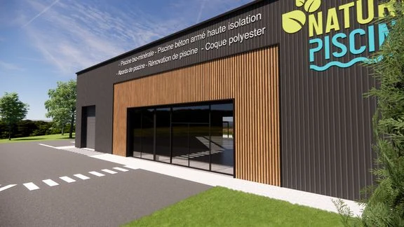 Bâtiment professionnel à bardage sombre et bois, avec accès et stationnement