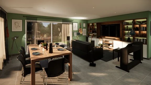 Couloir blanc avec portes et mobilier en bois