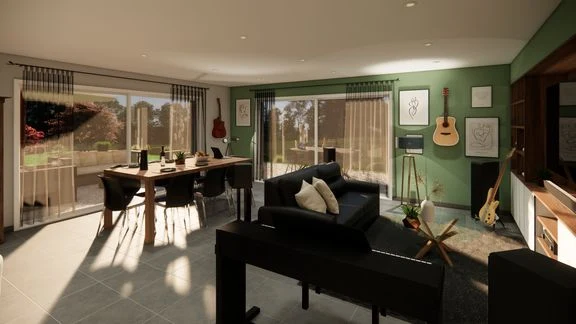 Salon avec guitare au mur, bibliothèque et meuble de télévision
