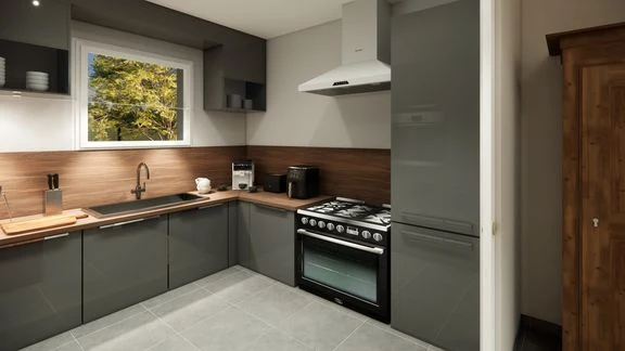 Cuisine blanche et bois avec plaque de cuisson et hotte