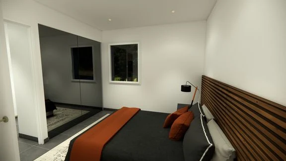 Chambre blanche avec lit double et cadres au mur