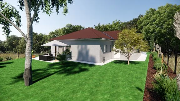 Maison de plain-pied à toiture en tuiles, avec terrasse et jardin