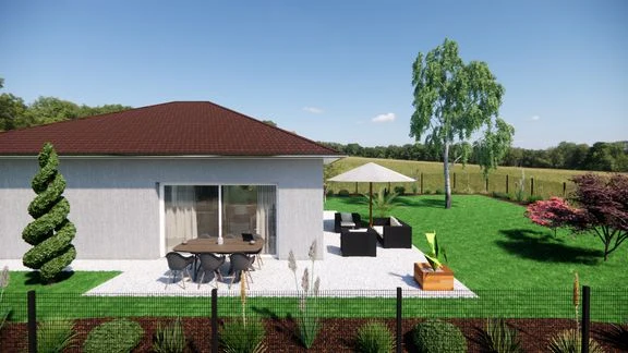 Maison de plain-pied à toiture en tuiles, avec terrasse et jardin