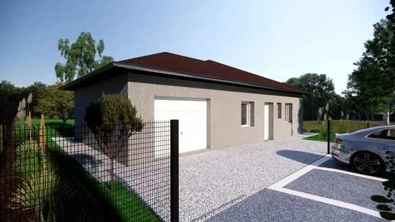 Maison de plain-pied à toiture en tuiles, avec terrasse et jardin