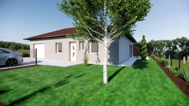 Maison de plain-pied à toiture en tuiles, avec terrasse et jardin