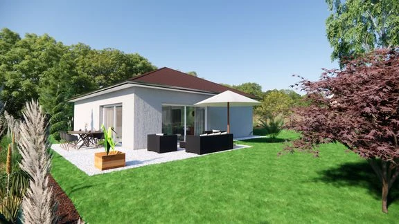 Maison de plain-pied à toiture en tuiles, avec terrasse et jardin