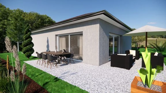 Maison de plain-pied à toiture en tuiles, avec terrasse et jardin